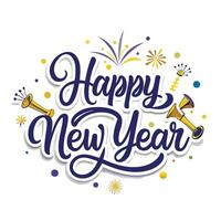happy new year lettering with fireworks and confetti vector