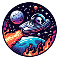 An alien spaceship flying through space with planets and stars png