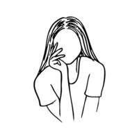portrait of a faceless girl sitting frontally and propping her chin up with her hand - hand drawn doodle sketch vector