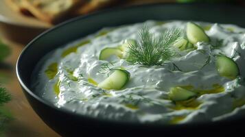 Tzatziki sauce with cucumber and dill in bowl, closeup photo