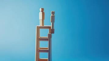 Businessman standing on ladder on blue background. Concept of career growth photo