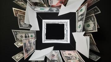 Business and finance concept. Paper arrows and money on black background. photo