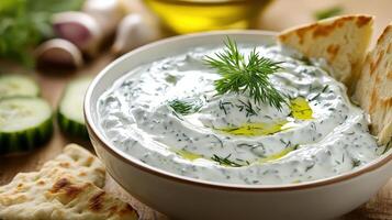 Tzatziki sauce with cucumber and dill in bowl, closeup photo