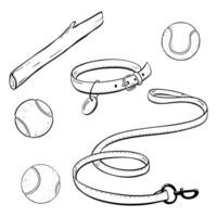 A great collection of dog accessories, including a leash, collar, balls, and a play stick. sketch illustration. Pet shop vector