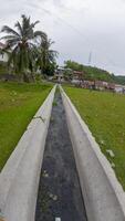 Concrete drainage pipe with dirty water and green grass in the garden photo