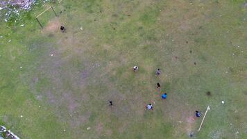 Aerial view of people playing soccer on green grass field in public park photo