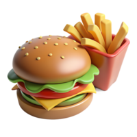 A hamburger and french fries are shown in a 3d rendering png