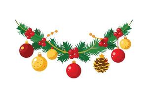 Festive Garland Illustration - Pine and Spruce with Red Baubles, Gold Accents, and Pinecones Design vector