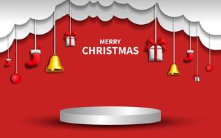 Merry Christmas sign with bells and presents hanging from the ceiling vector