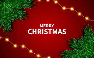 Christmas decoration border with fir branches and sparkling lights on red background. vector