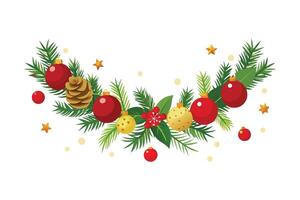 Christmas Garland - Festive Pine and Spruce Decoration with Red and Gold Baubles, Berries, and Pinecones, Elegant Holiday Art vector