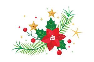 Christmas Corner Arrangement - Festive Poinsettia and Greenery Design with Pine and Spruce for Elegant Holiday Decor vector