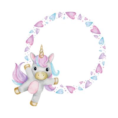 Cute fairytale unicorn and colorful hearts. Isolated hand drawn watercolor found frame. Layout for kid's goods, invitations, postcards, poster, baby shower and children's room