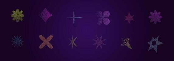 Abstract elements with sand grain texture, y2k retro grunge dotwork gradient. Stars flowers. pointillism holographic blur . vector