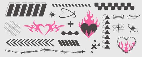 Y2k geometric elements border set, heart with flame, barbed wire, grid pattern. Groovy cyber retro design elements. vector