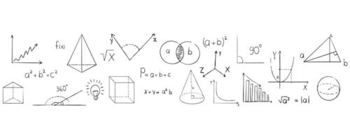 Math doodle hand drawn border, with formula, geometric shapes, chalk texture. School science lesson. Study seamless illustration. vector