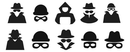 Incognito icon, mystery secret spy or detective silhouette, figure with hat glass or mask. Anonymous invisible character figure. vector