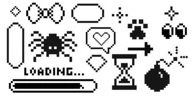 Pixxel y2k trendy elements. 8 bit groovy stickers, borders, decorations. Sandglaa, smile on face, cute paw, geometric shapes pixel art. Emoji retro vector