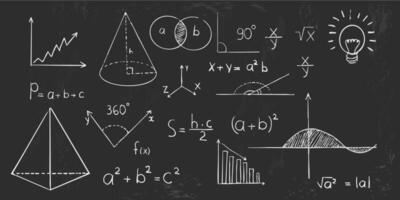 Math geometry graph and shapes on blackboard background. Set science doodle hand drawn sketch elements. Study theory formula, calculations. vector