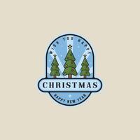 pine tree christmas emblem logo line color illustration template icon graphic design. xmas decoration sign or symbol for celebration a new year with badge typography style vector