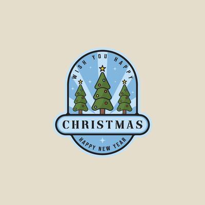 pine tree christmas emblem logo line color illustration template icon graphic design. xmas decoration sign or symbol for celebration a new year with badge typography style