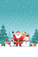 Poster of Santa claus with snowman gingerbread man and penguin in snow field vector