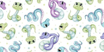 Watercolor seamless pattern of Cute colorful snakes and dots. Hand drawn print of baby reptile. Background for kid goods, textiles, wrapping, scrapbook, office supplies vector