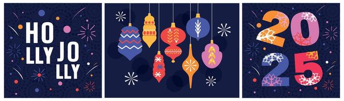Set of modern trendy greeting card. Christmas and New Year. Mosaic. Geometric. Wrapping paper. Hand drawn. Doodle. Elements, shapes, frames. 2025. Flat. Xmas. Vintage set. Squares. Balls. Holly Jolly vector