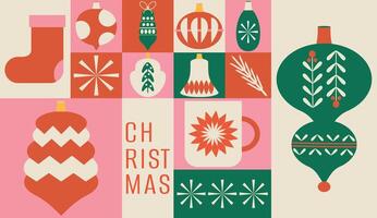 Modern trendy simple pattern. Flat. Xmas covers. Vintage style. Squares. Balls, branch. Christmas and New Year. Mosaic. Neo geometric. Wrapping paper. Holly Jolly. Elements, shapes and frames. vector