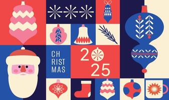 Set of modern trendy banners. Simple pattern. Flat. Xmas covers. Vintage style. Squares. Balls, branch. Christmas and New Year. Mosaic. Neo geometric. Wrapping paper. Hand drawn. Holly Jolly. Elements vector