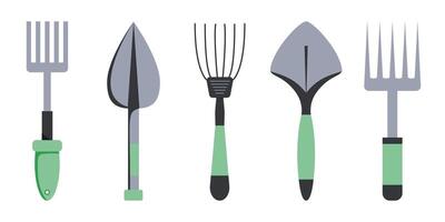 Collection of essential gardening tools arranged neatly on a white background vector