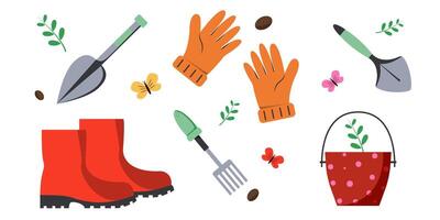 Gardening tools and accessories arranged on a bright background vector