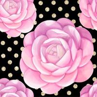 Seamless watercolor pattern with roses, flowers and polka dots from black background. vector