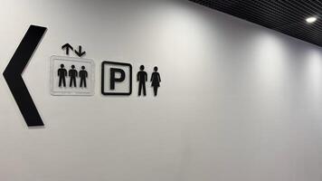 Signs on wall of shopping center with direction of movement to help with orientation, signs in corridor towards elevator, parking and toilet in public building photo