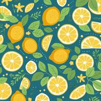 lemon and leaves pattern on green background vector