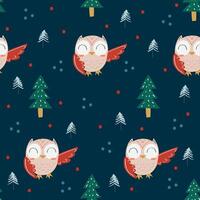blue christmas pattern with bird and trees vector