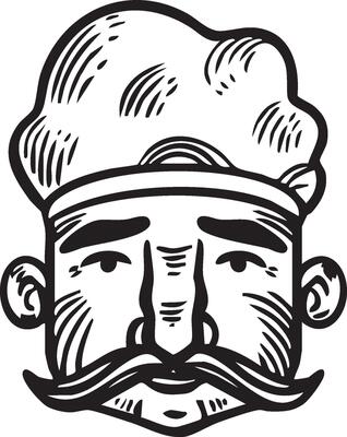 Retro Chef Illustration with Mustache and Hat in Black and White.