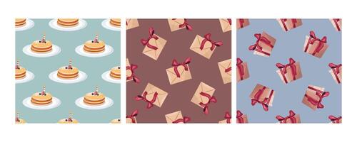 Set of three seamless patterns in flat style with pancakes, gift envelopes, and wrapped presents vector