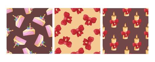 Set of three seamless patterns in flat style with cake slices, red bows, and candles vector