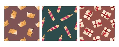 Set of three seamless patterns in flat style with number fragments, striped candles, and gift boxes vector