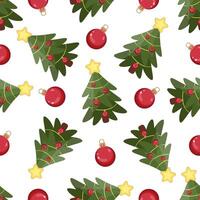Christmas tree seamless pattern with ornaments and golden stars vector