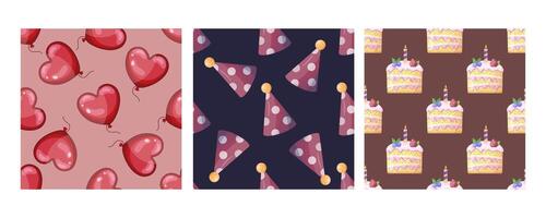 Set of three seamless patterns in flat style with heart balloons, party hats, and cake slices vector