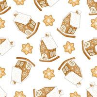 Gingerbread house seamless pattern with snowflakes and festive cookies vector