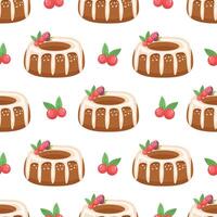 Christmas bundt cake seamless pattern with icing and berries vector