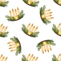 Christmas advent candles seamless pattern with greenery, berries, and star illustration vector