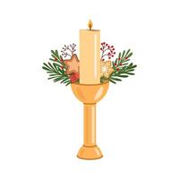 Golden candle with festive greenery, cookies, and berries illustration vector