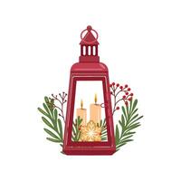 Red Christmas lantern with candles, greenery, and festive cookie illustration vector
