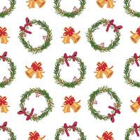 Christmas wreath seamless pattern with golden bells and red ribbons vector