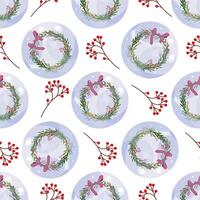 Christmas wreath seamless pattern with red berries and snow vector