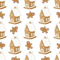 Gingerbread house seamless pattern with cookies and snowy icing vector